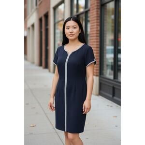 Talbots Black Sheath Dress Size 12 Ivory Trim Short Sleeve Zip Back